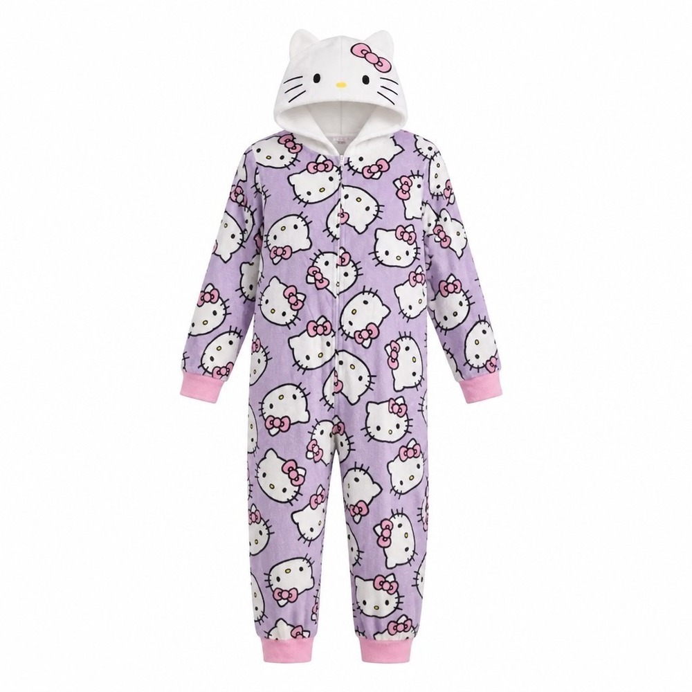 Sanrio Hello Kitty Girls Purple Fleece Hooded Costume Pajama Sleeper Size 7/8